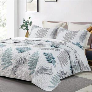 Floral Quilt Set King Size 3Pcs, Teal & Khaki Leaves Printed on White